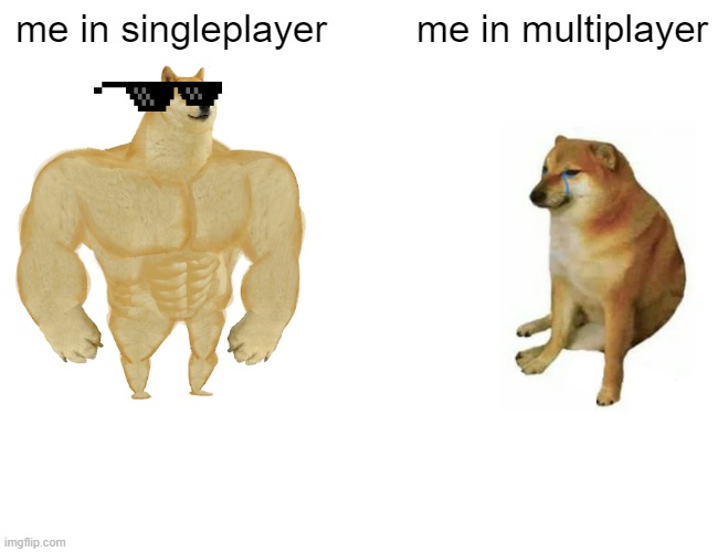 Buff Doge vs. Cheems Meme | me in singleplayer; me in multiplayer | image tagged in memes,buff doge vs cheems | made w/ Imgflip meme maker