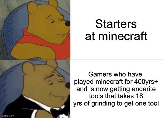 Im a minecraft | Starters at minecraft; Gamers who have  played minecraft for 400yrs+ and is now getting enderite tools that takes 18 yrs of grinding to get one tool | image tagged in memes,tuxedo winnie the pooh | made w/ Imgflip meme maker