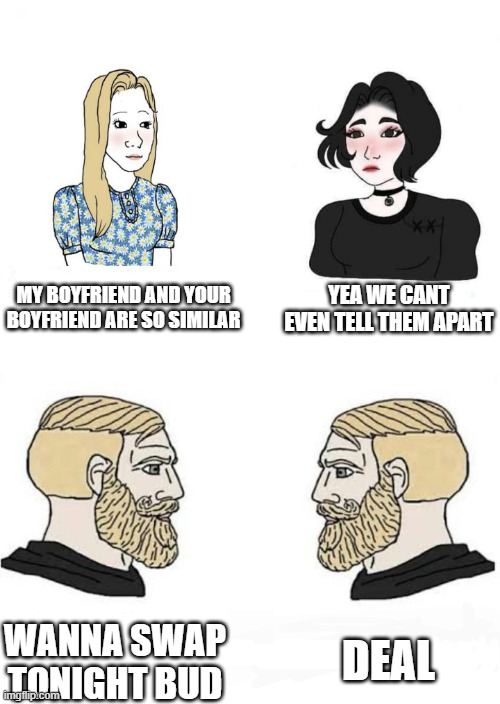 Girls vs Boys |  YEA WE CANT EVEN TELL THEM APART; MY BOYFRIEND AND YOUR BOYFRIEND ARE SO SIMILAR; DEAL; WANNA SWAP TONIGHT BUD | image tagged in girls vs boys | made w/ Imgflip meme maker