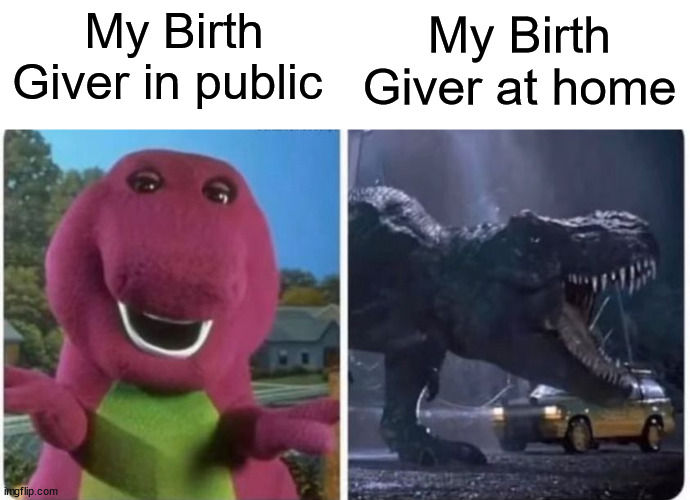 Remember that some peoples' Mothers are not good people | My Birth Giver in public; My Birth Giver at home | image tagged in barney,jurassic park,mother,birth giver | made w/ Imgflip meme maker