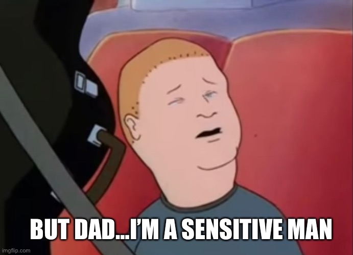 Sensitive man |  BUT DAD…I’M A SENSITIVE MAN | image tagged in king of the hill,bobby hill,hank hill,overly sensitive | made w/ Imgflip meme maker
