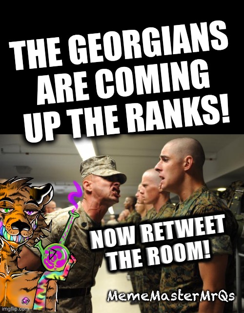 Retweet the room | THE GEORGIANS ARE COMING UP THE RANKS! NOW RETWEET THE ROOM! MemeMasterMrQs | image tagged in drill sergeant | made w/ Imgflip meme maker