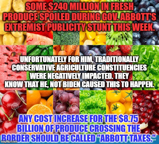 "Abbott Taxes" are on the way. | SOME $240 MILLION IN FRESH PRODUCE SPOILED DURING GOV. ABBOTT'S EXTREMIST PUBLICITY STUNT THIS WEEK. UNFORTUNATELY FOR HIM, TRADITIONALLY CONSERVATIVE AGRICULTURE CONSTITUENCIES WERE NEGATIVELY IMPACTED. THEY KNOW THAT HE, NOT BIDEN CAUSED THIS TO HAPPEN. ANY COST INCREASE FOR THE $8.75 BILLION OF PRODUCE CROSSING THE BORDER SHOULD BE CALLED "ABBOTT TAXES." | image tagged in politics | made w/ Imgflip meme maker