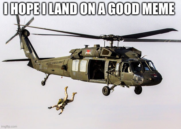 Black Hawk Parachute Jump Soldier | I HOPE I LAND ON A GOOD MEME | image tagged in black hawk parachute jump soldier | made w/ Imgflip meme maker