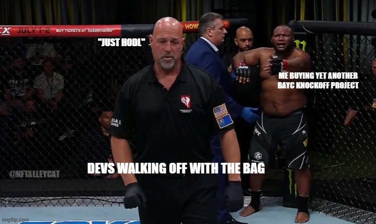Crypto Bro Dan Strikes Again | "JUST HODL"; ME BUYING YET ANOTHER BAYC KNOCKOFF PROJECT; DEVS WALKING OFF WITH THE BAG; @NFTALLEYCAT | image tagged in dan dgaf,cryptocurrency,mma,funny,crypto,dank memes | made w/ Imgflip meme maker