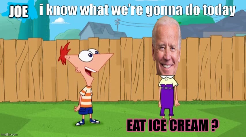 Ferb, i know what we’re gonna do today | JOE EAT ICE CREAM ? | image tagged in ferb i know what we re gonna do today | made w/ Imgflip meme maker