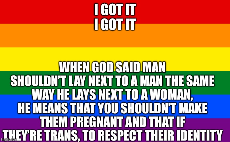 This is a joke btw | WHEN GOD SAID MAN SHOULDN’T LAY NEXT TO A MAN THE SAME WAY HE LAYS NEXT TO A WOMAN, HE MEANS THAT YOU SHOULDN’T MAKE THEM PREGNANT AND THAT IF THEY’RE TRANS, TO RESPECT THEIR IDENTITY; I GOT IT
I GOT IT | image tagged in pride flag | made w/ Imgflip meme maker