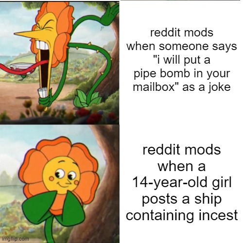 Cuphead Flower | reddit mods when someone says "i will put a pipe bomb in your mailbox" as a joke; reddit mods when a 14-year-old girl posts a ship containing incest | image tagged in cuphead flower | made w/ Imgflip meme maker