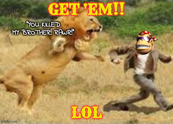 Lion Chasing Man | GET 'EM!! LOL "YOU KILLED MY BROTHER! RAWR!" | image tagged in lion chasing man | made w/ Imgflip meme maker