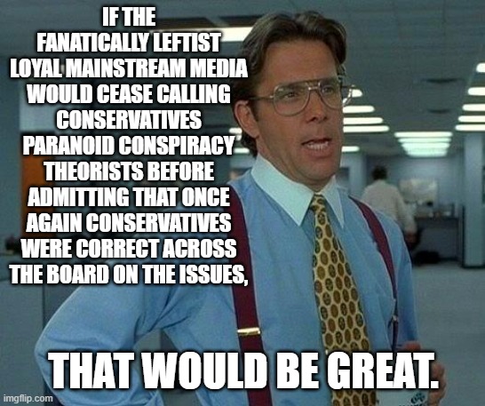 Leftist media wonks openly work for the Dem Party and then can't figure out WHY conservatives don't trust them. | IF THE FANATICALLY LEFTIST LOYAL MAINSTREAM MEDIA WOULD CEASE CALLING CONSERVATIVES PARANOID CONSPIRACY THEORISTS BEFORE ADMITTING THAT ONCE AGAIN CONSERVATIVES WERE CORRECT ACROSS THE BOARD ON THE ISSUES, THAT WOULD BE GREAT. | image tagged in that would be great | made w/ Imgflip meme maker