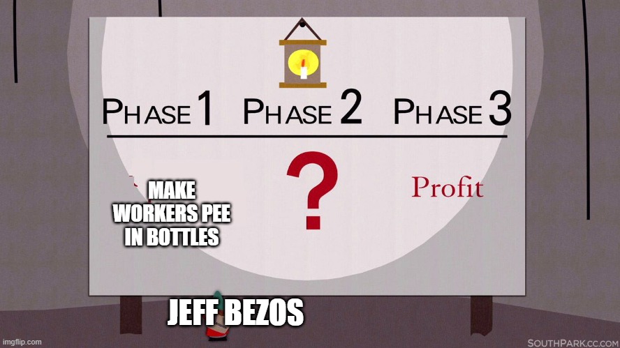 IDK | MAKE WORKERS PEE IN BOTTLES; JEFF BEZOS | image tagged in south park underpants gnomes | made w/ Imgflip meme maker