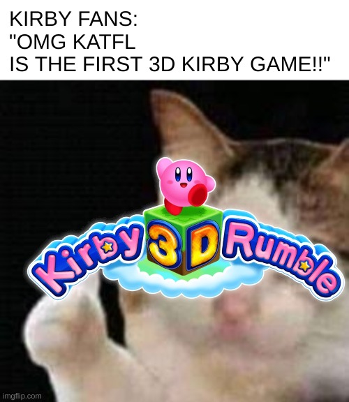 poor 3d rumble | KIRBY FANS: "OMG KATFL IS THE FIRST 3D KIRBY GAME!!" | image tagged in approved crying cat,kirby | made w/ Imgflip meme maker