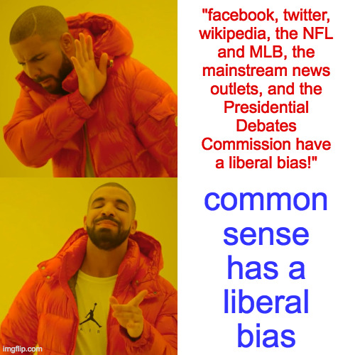 Common sense is not as common as previously thought. | "facebook, twitter,
wikipedia, the NFL
and MLB, the
mainstream news
outlets, and the
Presidential
Debates
Commission have
a liberal bias!"; common
sense
has a
liberal
bias | image tagged in memes,drake hotline bling,liberal bias,common sense | made w/ Imgflip meme maker