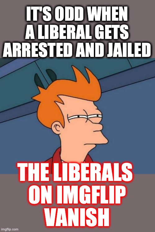 Futurama Fry Meme | IT'S ODD WHEN A LIBERAL GETS ARRESTED AND JAILED THE LIBERALS 
ON IMGFLIP
VANISH | image tagged in memes,futurama fry | made w/ Imgflip meme maker