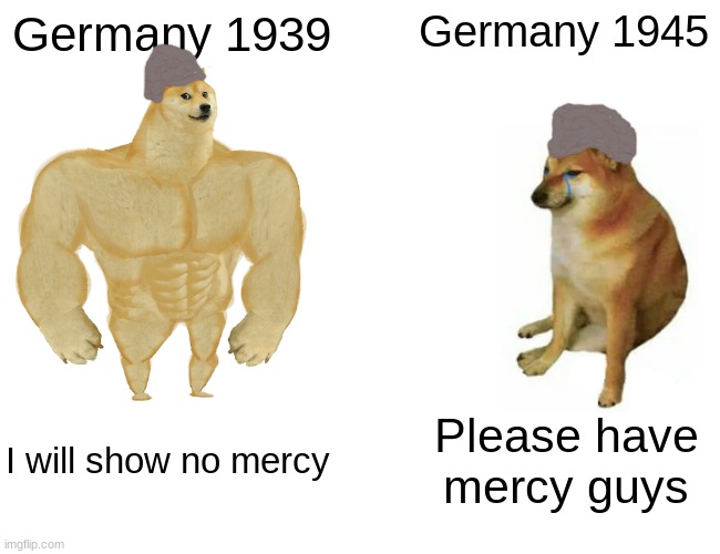 Buff Doge vs. Cheems Meme | Germany 1939; Germany 1945; I will show no mercy; Please have mercy guys | image tagged in memes,buff doge vs cheems | made w/ Imgflip meme maker