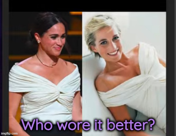 A Royal Ripoff | Who wore it better? | image tagged in meghan markle,prince harry,princess diana,diana spencer | made w/ Imgflip meme maker