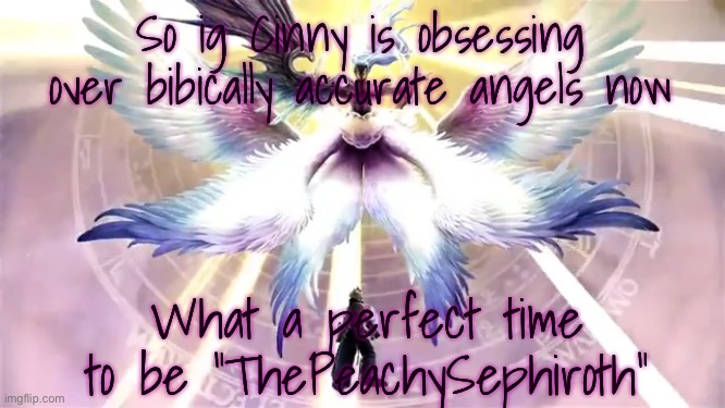 So ig Cinny is obsessing over bibically accurate angels now; What a perfect time to be “ThePeachySephiroth” | made w/ Imgflip meme maker