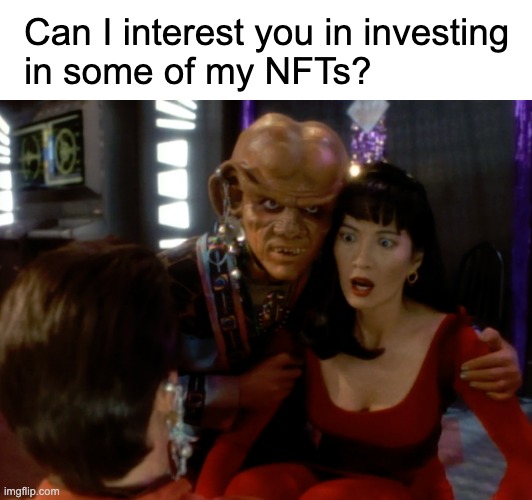 Great investment | Can I interest you in investing
in some of my NFTs? | image tagged in nft,cryptocurrency,star trek,star trek deep space nine,quark | made w/ Imgflip meme maker