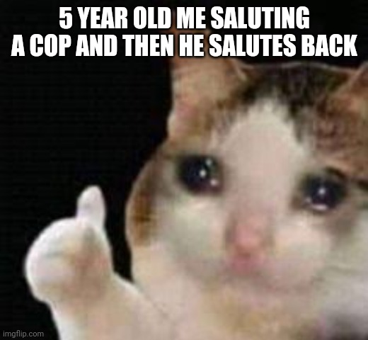 Approved crying cat | 5 YEAR OLD ME SALUTING A COP AND THEN HE SALUTES BACK | image tagged in approved crying cat | made w/ Imgflip meme maker