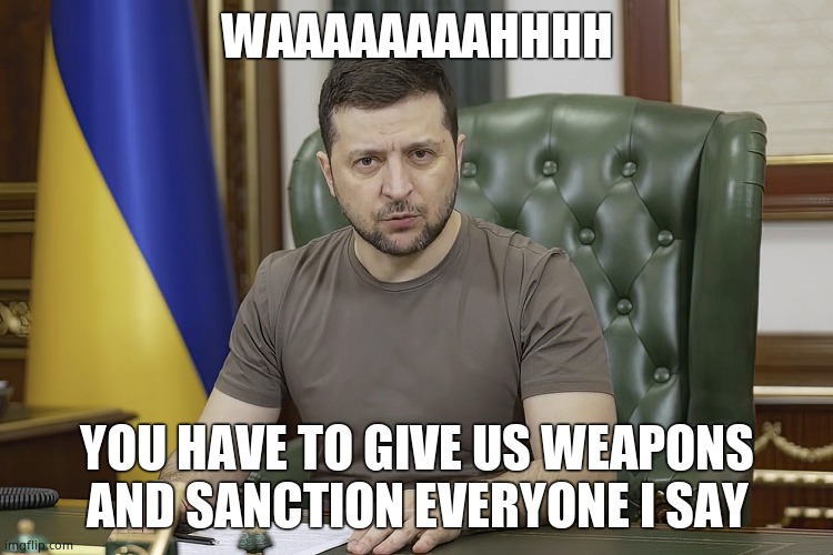 No, we don't, you whiny little entitled bi__h. You caused this, deal with it yourself. Use the money you launder. | WAAAAAAAAHHHH; YOU HAVE TO GIVE US WEAPONS AND SANCTION EVERYONE I SAY | image tagged in president volodymyr zelensky,crybaby,whiners | made w/ Imgflip meme maker