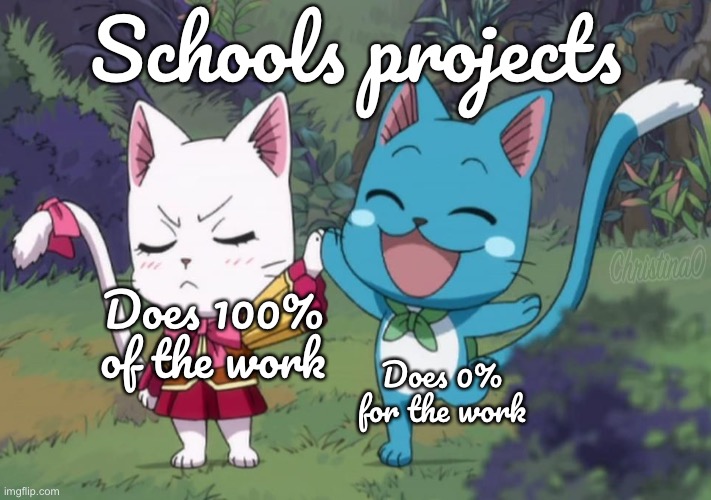 School projects - Fairy Tail Meme |  Schools projects; Does 100% of the work; Does 0% for the work | image tagged in memes,fairy tail,fairy tail meme,anime,school,happy fairy tail | made w/ Imgflip meme maker