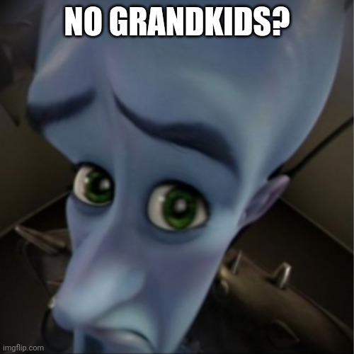 Megamind peeking | NO GRANDKIDS? | image tagged in megamind peeking | made w/ Imgflip meme maker