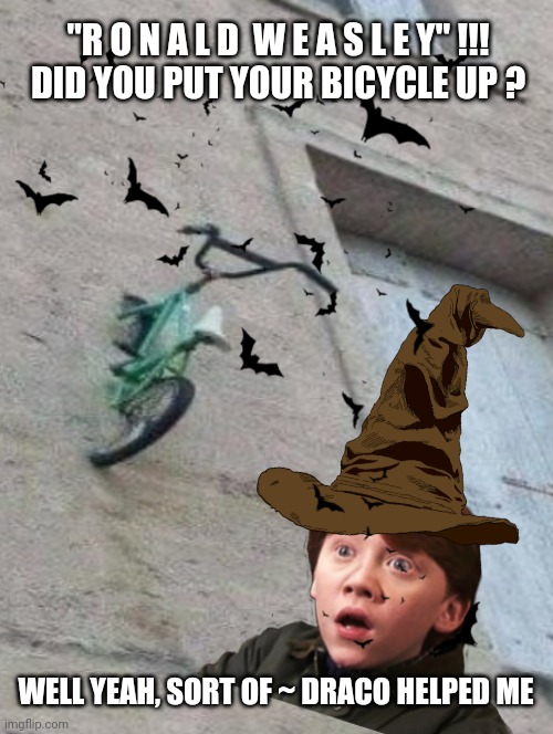 Ronald Weasley's Bicycle | "R O N A L D  W E A S L E Y" !!!
DID YOU PUT YOUR BICYCLE UP ? WELL YEAH, SORT OF ~ DRACO HELPED ME | image tagged in harry potter memes,ronald weasley memes,bicycle memes,hogwarts,fun,funny memes | made w/ Imgflip meme maker