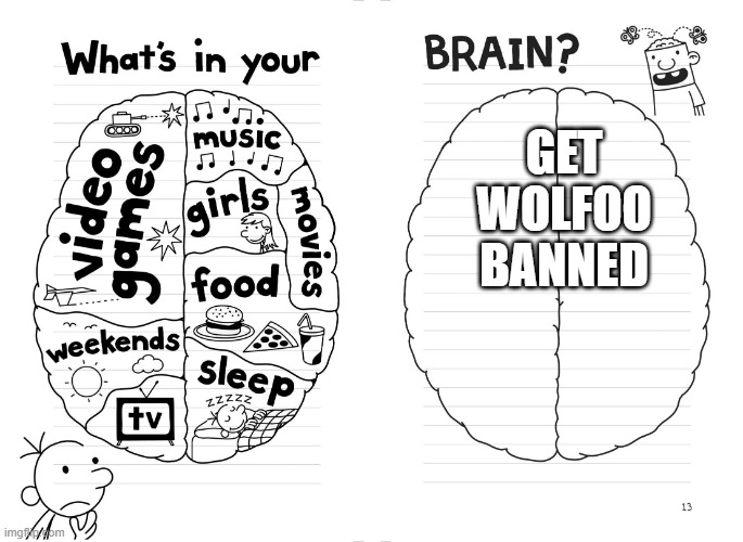 in my brain | GET WOLFOO BANNED | image tagged in anti-wolfoo,get wolfoo banned,support peppa pig | made w/ Imgflip meme maker