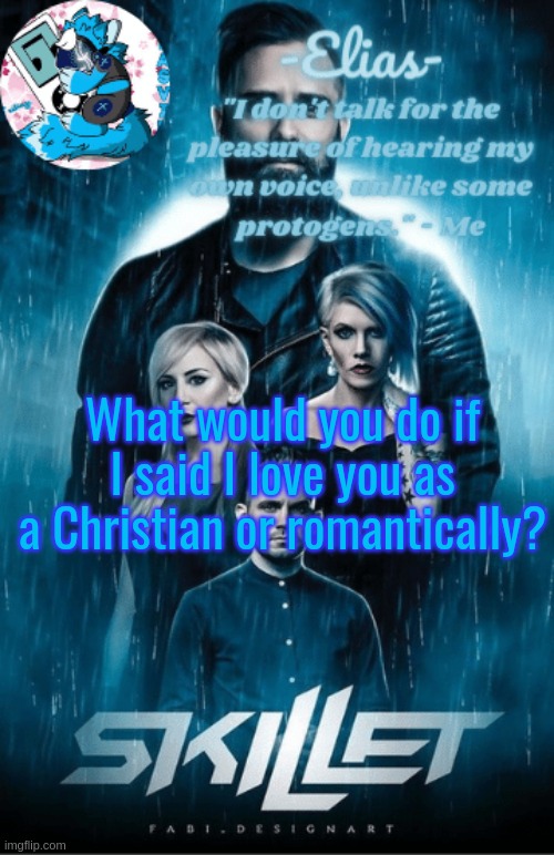 Skillet temp | What would you do if I said I love you as a Christian or romantically? | image tagged in skillet temp | made w/ Imgflip meme maker