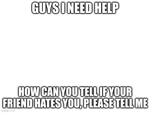 i just don't think he likes me | GUYS I NEED HELP; HOW CAN YOU TELL IF YOUR FRIEND HATES YOU, PLEASE TELL ME | image tagged in blank white template | made w/ Imgflip meme maker