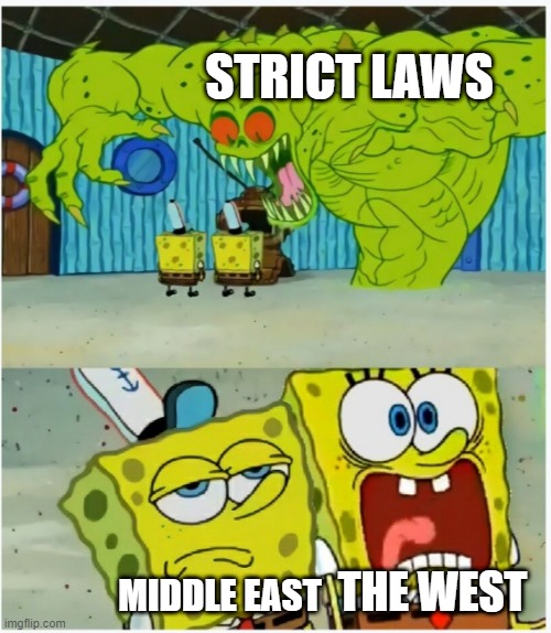 SpongeBob SquarePants scared but also not scared | STRICT LAWS; MIDDLE EAST; THE WEST | image tagged in spongebob squarepants scared but also not scared | made w/ Imgflip meme maker