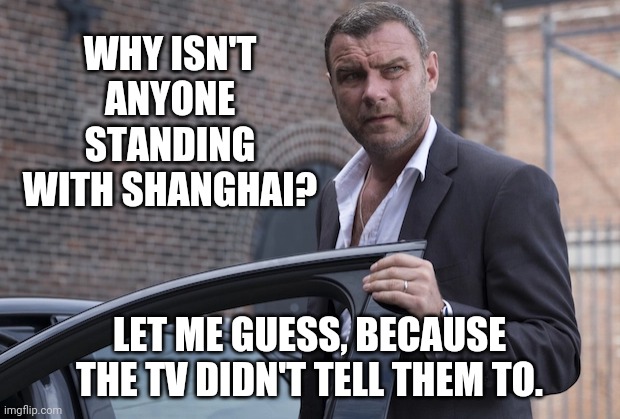 Gotta be the reason why. | WHY ISN'T ANYONE STANDING WITH SHANGHAI? LET ME GUESS, BECAUSE THE TV DIDN'T TELL THEM TO. | image tagged in ray donovan | made w/ Imgflip meme maker