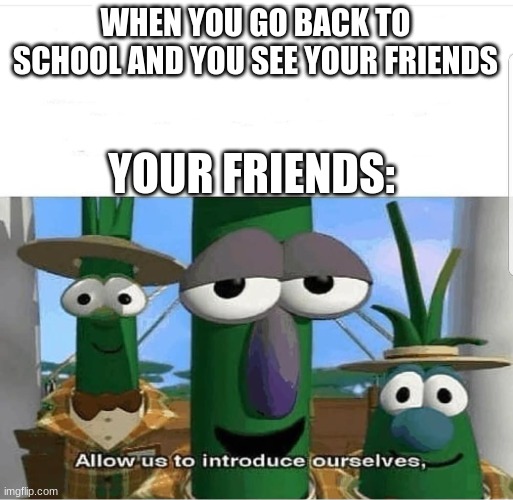 Allow us to introduce ourselves | WHEN YOU GO BACK TO SCHOOL AND YOU SEE YOUR FRIENDS YOUR FRIENDS: | image tagged in allow us to introduce ourselves | made w/ Imgflip meme maker