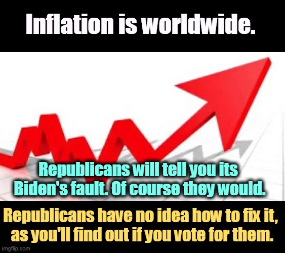 Inflation is worldwide. Republicans will tell you its 
Biden's fault. Of course they would. Republicans have no idea how to fix it, 
as you'll find out if you vote for them. | image tagged in inflation,everywhere,republicans,clueless,always | made w/ Imgflip meme maker