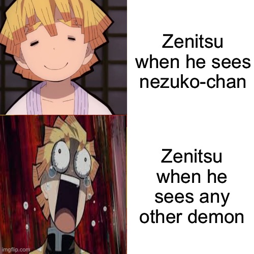 He is such a scaredy cat | Zenitsu when he sees nezuko-chan; Zenitsu when he sees any other demon | image tagged in zenitsu,nezuko,demon slayer | made w/ Imgflip meme maker