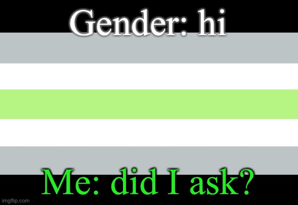 Haha being agender in a nutshell | Gender: hi; Me: did I ask? | image tagged in agender flag,memes,lgbtq | made w/ Imgflip meme maker