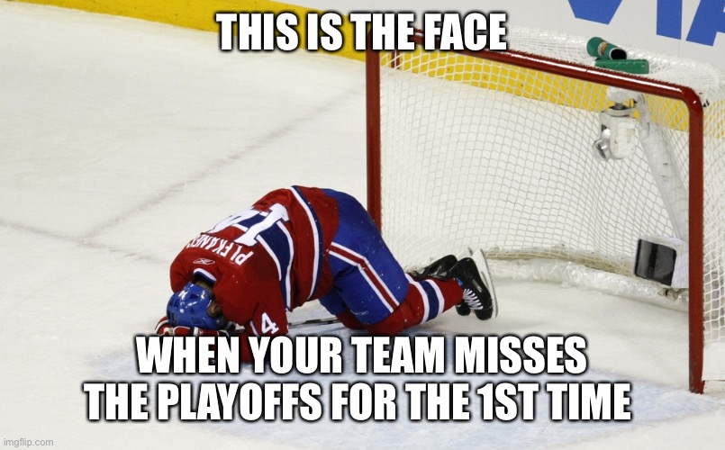 hockey goalie on face | THIS IS THE FACE; WHEN YOUR TEAM MISSES THE PLAYOFFS FOR THE 1ST TIME | image tagged in hockey goalie on face | made w/ Imgflip meme maker