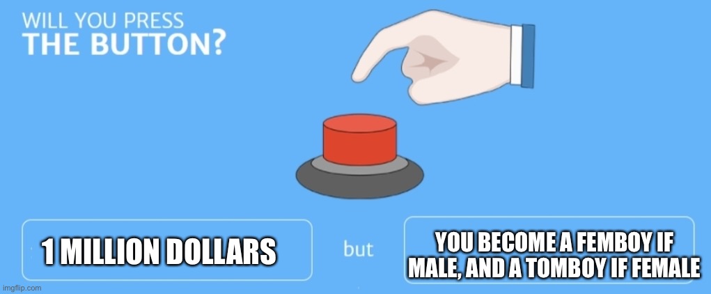 Will you press the button | YOU BECOME A FEMBOY IF MALE, AND A TOMBOY IF FEMALE; 1 MILLION DOLLARS | image tagged in will you press the button | made w/ Imgflip meme maker