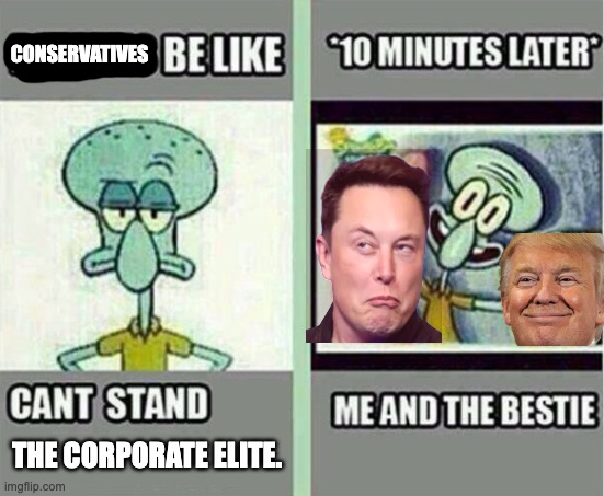 Me And The Bestie | CONSERVATIVES; THE CORPORATE ELITE. | image tagged in me and the bestie,elon musk,donald trump,billionaire,capitalism | made w/ Imgflip meme maker