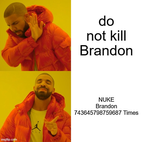 Drake Hotline Bling Meme | do not kill Brandon NUKE Brandon 743645798759687 Times | image tagged in memes,drake hotline bling | made w/ Imgflip meme maker