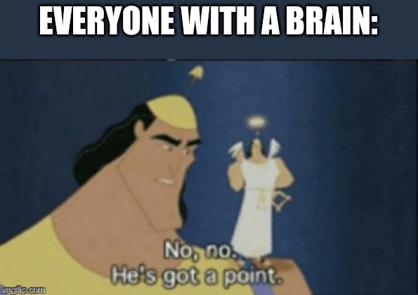 no no hes got a point | EVERYONE WITH A BRAIN: | image tagged in no no hes got a point | made w/ Imgflip meme maker