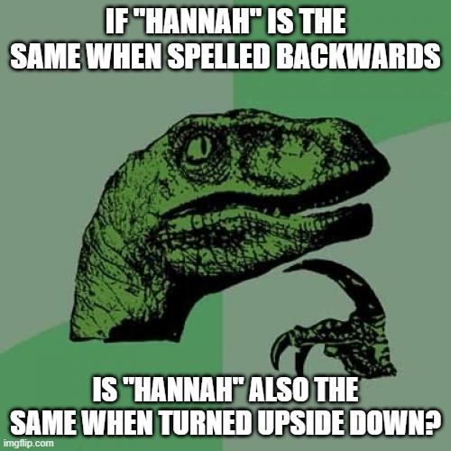 Is it the same when turned upside down? | IF "HANNAH" IS THE SAME WHEN SPELLED BACKWARDS; IS "HANNAH" ALSO THE SAME WHEN TURNED UPSIDE DOWN? | image tagged in memes,philosoraptor,funny memes | made w/ Imgflip meme maker