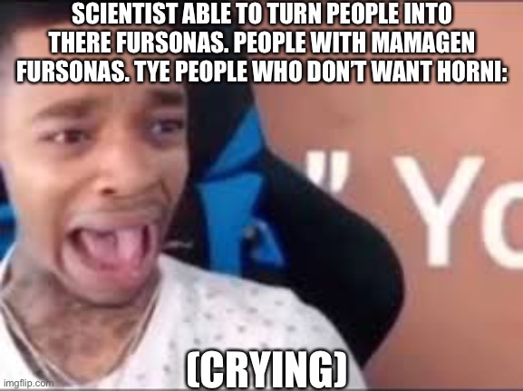 Meme | SCIENTIST ABLE TO TURN PEOPLE INTO THERE FURSONAS. PEOPLE WITH MAMAGEN FURSONAS. TYE PEOPLE WHO DON’T WANT HORNI:; (CRYING) | image tagged in funny memes | made w/ Imgflip meme maker