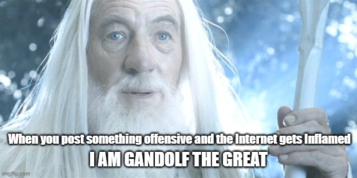 Meme God | When you post something offensive and the Internet gets Inflamed; I AM GANDOLF THE GREAT | image tagged in gandalf he is risen,insane,triggered | made w/ Imgflip meme maker