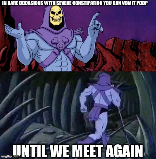 Don't ask how i know this | IN RARE OCCASIONS WITH SEVERE CONSTIPATION YOU CAN VOMIT POOP; UNTIL WE MEET AGAIN | image tagged in he man skeleton advices | made w/ Imgflip meme maker