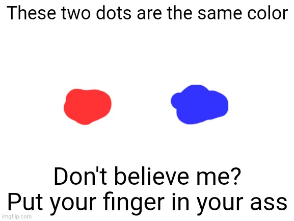 Blank White Template | These two dots are the same color; Don't believe me? Put your finger in your ass | image tagged in blank white template | made w/ Imgflip meme maker