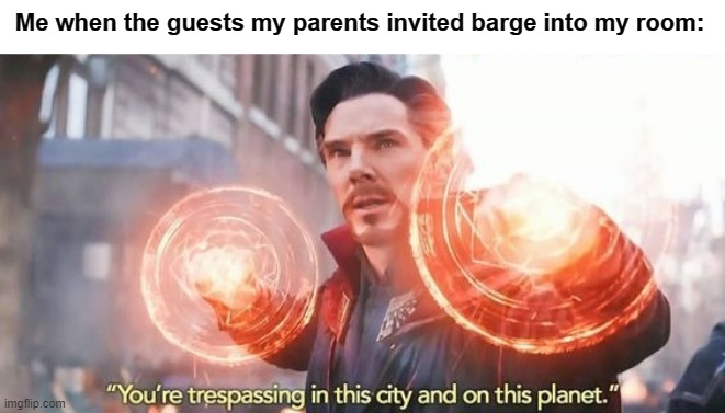 True |  Me when the guests my parents invited barge into my room: | image tagged in dr strange you're trespassing meme | made w/ Imgflip meme maker