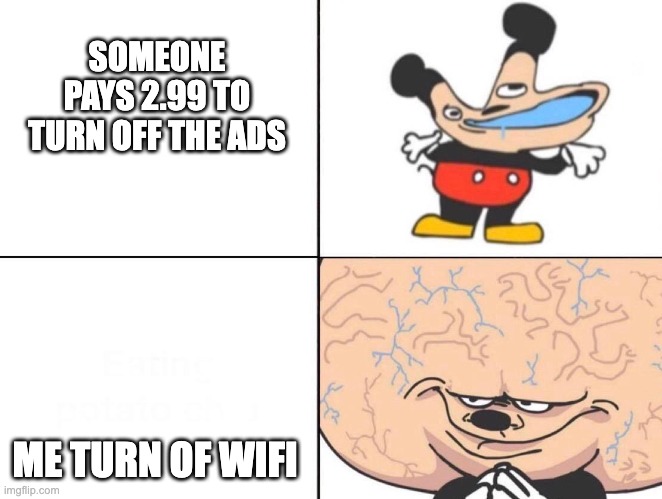 big brain | SOMEONE PAYS 2.99 TO TURN OFF THE ADS; ME TURN OF WIFI | image tagged in big brain time | made w/ Imgflip meme maker