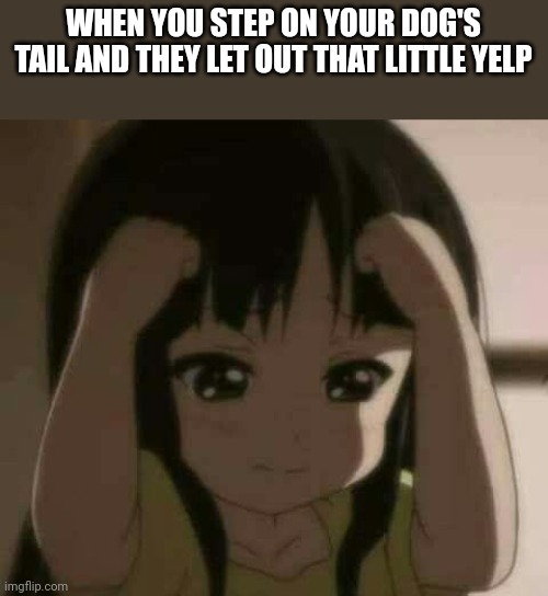 Poor puppy! | WHEN YOU STEP ON YOUR DOG'S TAIL AND THEY LET OUT THAT LITTLE YELP | image tagged in crying anime girl | made w/ Imgflip meme maker