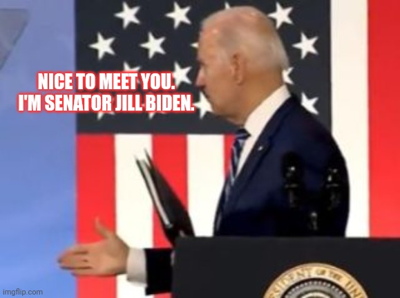 Biden Botches Introduction To No One | NICE TO MEET YOU. I'M SENATOR JILL BIDEN. | image tagged in biden,handshake | made w/ Imgflip meme maker